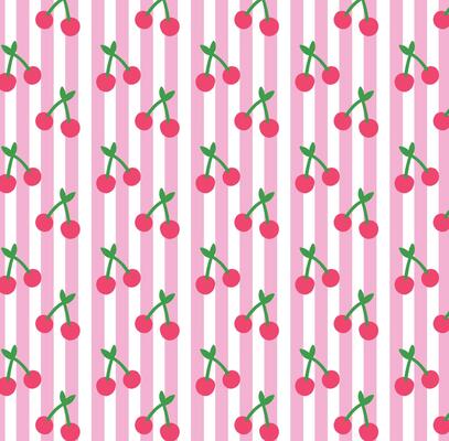 Seamless Cherry Pattern with Pink Stripes in Playful Flat Style