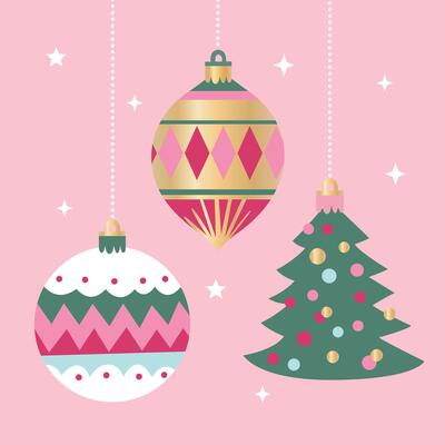 Christmas Ornaments and Tree on Pink Background