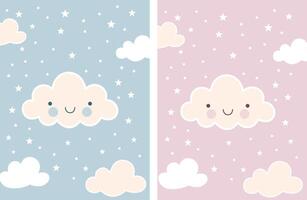 Cute Kawaii Clouds and Stars Pattern on Blue and Pink Backgrounds vector