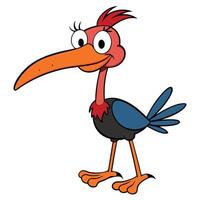 Funny cartoon bird character illustration with long beak and eyelashes design vector