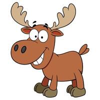 Cartoon smiling moose character illustration with big antlers and brown fur isolated vector