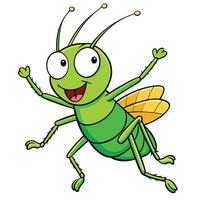 Joyful green cartoon grasshopper insect cheerful arms up isolated on white vector