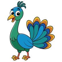Cute cartoon peacock illustration with bright colorful feathers and expressive eyes vector