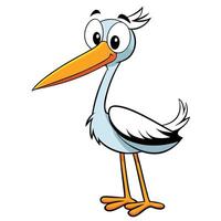 Cartoon stork character illustration with long beak on white background vector