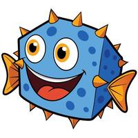 Cartoon square fish illustration with a smiling face and sharp spikes vector