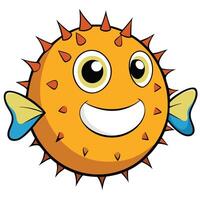 Cute cartoon pufferfish with smiling face and sharp spines underwater animal vector
