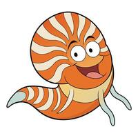 Cheerful cartoon nautilus illustration with orange shell and happy smiling face vector