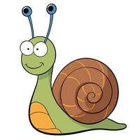 Cheerful cartoon snail illustration with brown shell and green body on white background vector