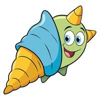 Smiling cartoon seashell character with turquoise blanket and yellow horns vector