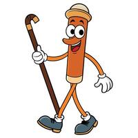 Cartoon character with walking stick cheerful and optimistic illustration vector