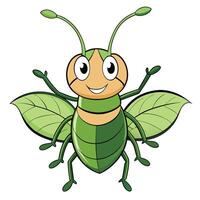 Cartoon grasshopper insect character with leaf wings illustration vector