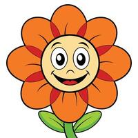 Cheerful orange flower cartoon illustration with a smiling face and green leaves vector