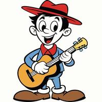 Cartoon boy plays guitar wearing red hat and blue outfit vector