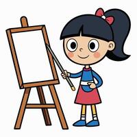 Cartoon girl artist painting on easel with pointer and blank canvas vector