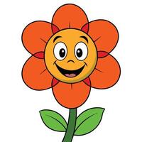 Smiling cartoon flower with orange petals and green leaves illustration vector