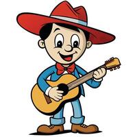 Cartoon boy wearing a hat and playing guitar illustration vector