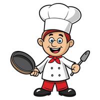 Cheerful cartoon chef with frying pan and spatula ready to cook meal vector