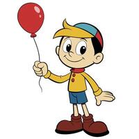 Cartoon boy holding red balloon smiling colorful isolated character design vector