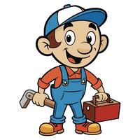 Cartoon style construction worker with toolbox and wrench illustration vector