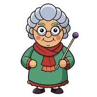 Cartoon illustration of a smiling grandmother with knitting needle and red scarf vector