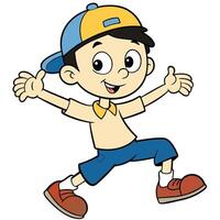 Joyful cartoon boy running with open arms wearing casual clothes and cap vector