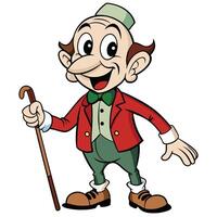 Cheerful cartoon man standing with walking cane wearing red jacket and bowtie vector