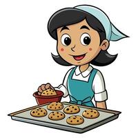 Cartoon girl baking chocolate chip cookies for dessert on a baking sheet vector