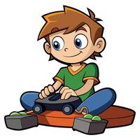 Cartoon boy playing retro game console with joyful expression vector
