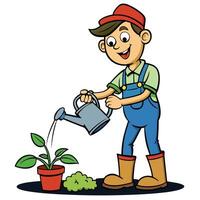 Cartoon farmer watering plant in pot gardener with watering can illustration vector