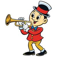 Cartoon character playing trumpet wearing hat jacket and bowtie isolated vector