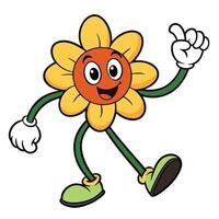 Cheerful sunflower character walking with a smile and pointing upward gesture vector