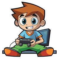 Cartoon boy playing game holding controller in front of television vector