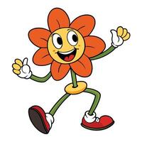 Retro cartoon flower character walking and waving hand with happy smiling face vector