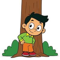 Cartoon boy leaning against tree trunk in forest illustration vector