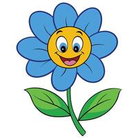 Happy cartoon flower with blue petals and smiling face illustration design vector