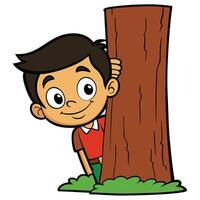 Cartoon boy peeking from behind a tree with a cheerful expression vector