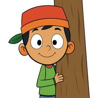 Cute cartoon boy hiding behind a tree trunk smiling joyfully illustration vector