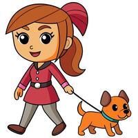 Cartoon girl walking with her dog illustration in a clean style vector