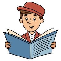 Cartoon young man reading an open book with joyful expression wearing a hat vector