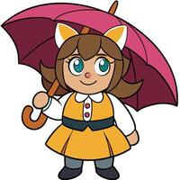 Cartoon girl with fox ears holding an umbrella on white background vector