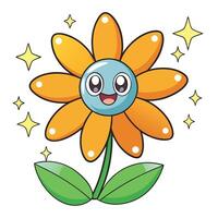 Cute cartoon flower character with smiling face and sparkling stars illustration vector