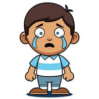 Crying cartoon boy standing with sad expression and tears in eyes vector