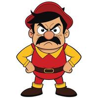 Angry cartoon character with mustache and hat standing fiercely with frowning face vector