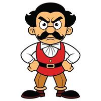 Cartoon character illustration angry man with moustache red vest and bowtie vector