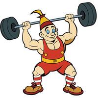 Cartoon strongman lifting barbell overhead vintage circus performer illustration vector