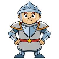 Smiling cartoon knight character in full suit of armor illustration vector