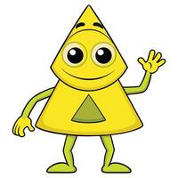 Friendly yellow triangle character waving hello geometric shape with cartoon style vector