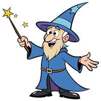 Cartoon wizard casting a spell with a magic wand and smiling vector