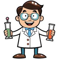 Cartoon scientist character holding test tubes with chemical solutions for experiments vector