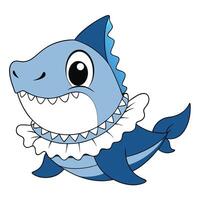 Cute baby shark cartoon character with ruffled collar isolated on white background vector